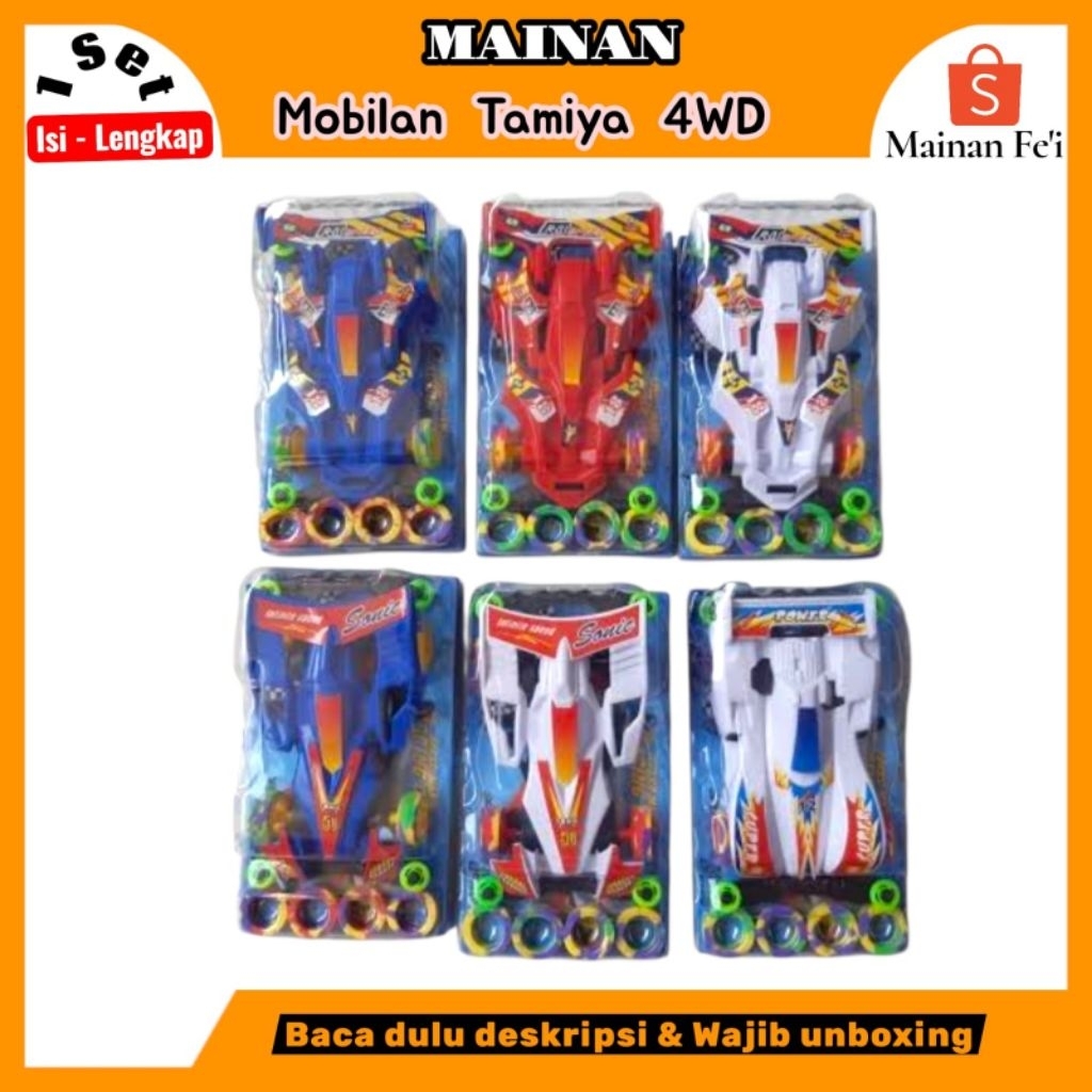 Mainan Mobilan TAMIYA 4WD lengkap dengan ban cadangan dan batre. Cocok untuk bermain balapan di aren