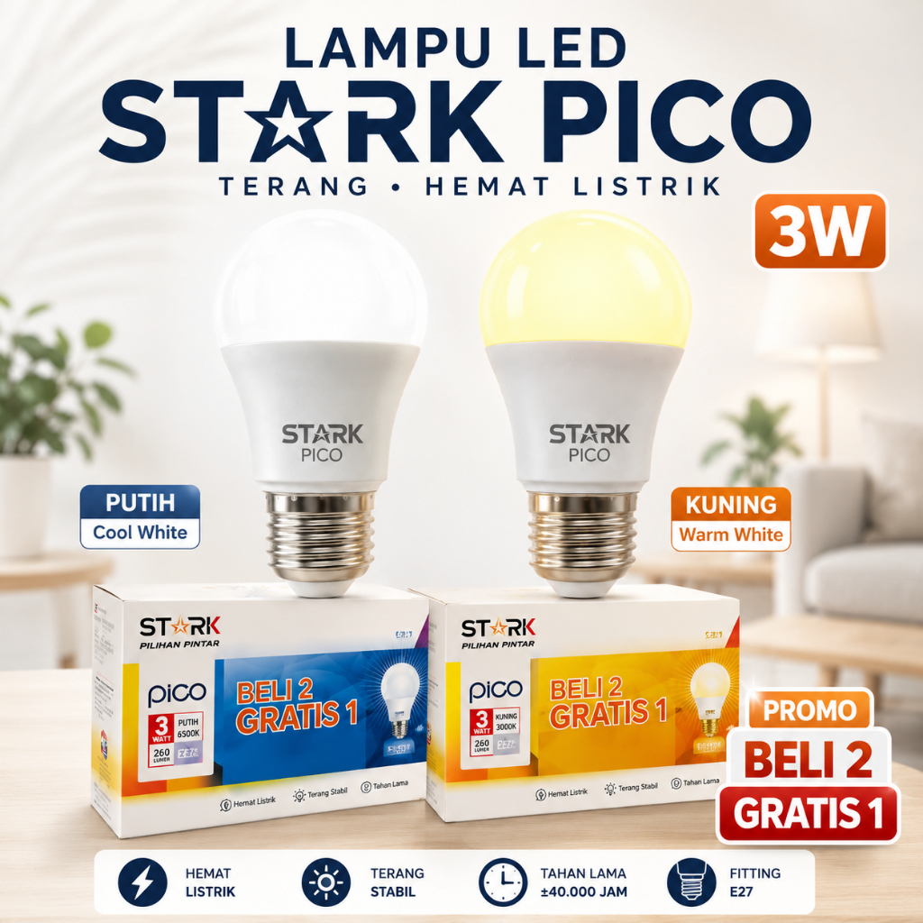 Lampu LED STARK PICO 3W E27 Bohlam LED Hemat Listrik Terang Putih Kuning Paket Hemat Rumah Toko
