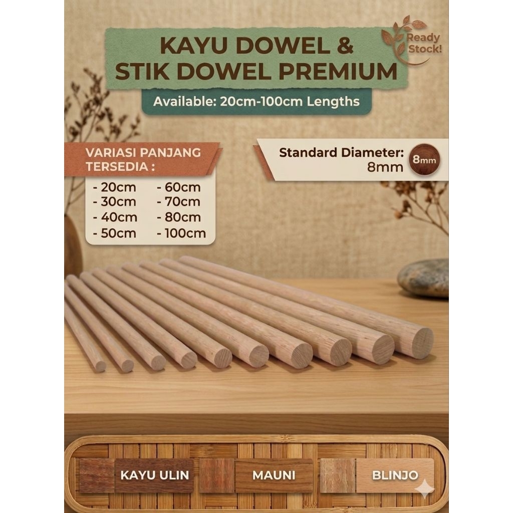 kayu dowel, stik dowel, kayu bulat 8mm