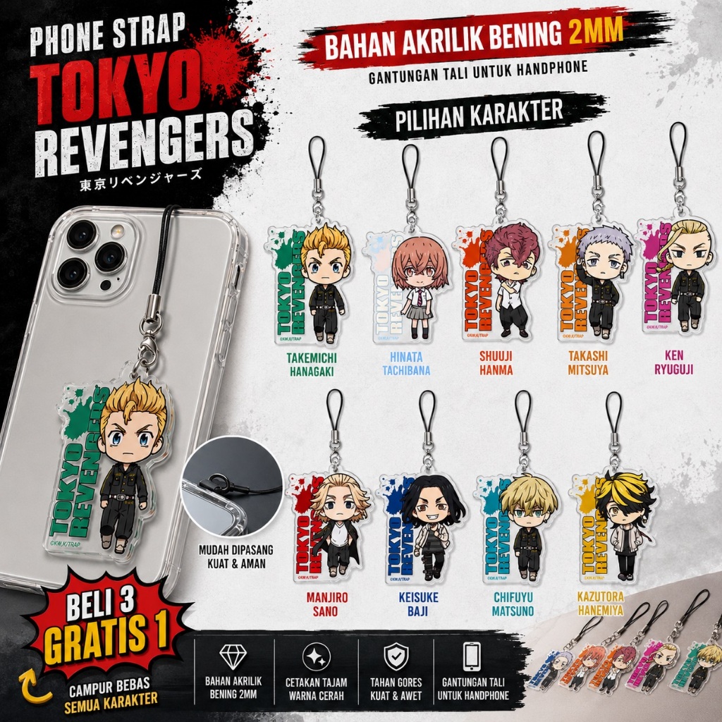 Phone Strap Tokyo Revengers Karakter Anime Acrylic Transparan Gantungan Tali HP - Beli 3 Gratis 1