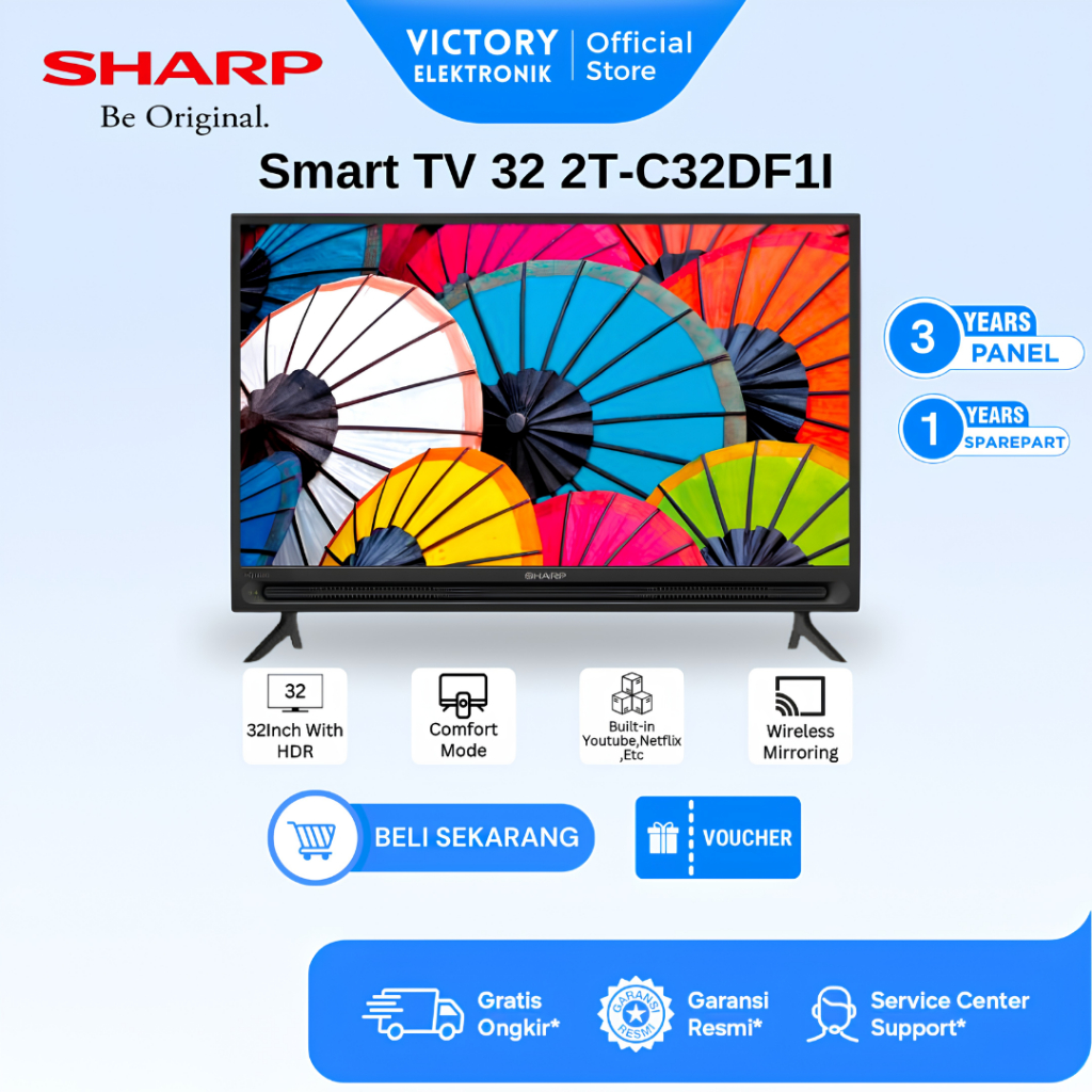SHARP TV 32 Inch 2T-C32DF1 I Smart TV | Netflix | Youtube | Wireless Mirroring