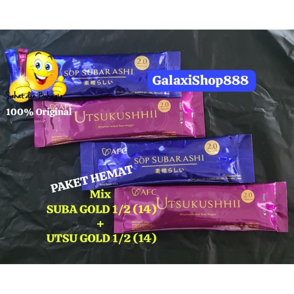 PAKET HEMAT: SUBARASHII GOLD 1/2 + UTSUKUSHII GOLD 1/2 ( = 14 + 14 SACHET ) ORIGINAL AFC JAPAN EXP T