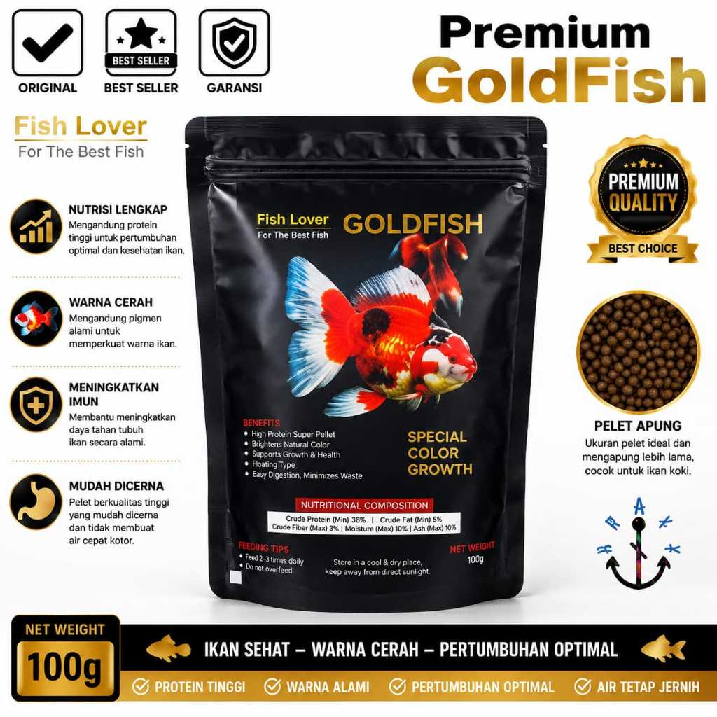 Pakan Ikan Pelet Mas Koki Premium GOLDFISH 100Gram Protein Tinggi