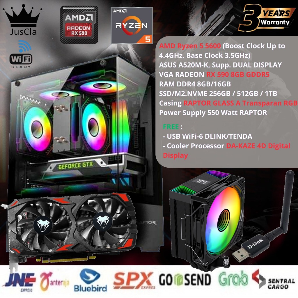 GAMING PC AMD Ryzen 5 5600 4,4GHz|Mobo ASUS |DDR4 32GB|NVME 1TB|VGA Radeon RX590 8GB|Cooler Digital|