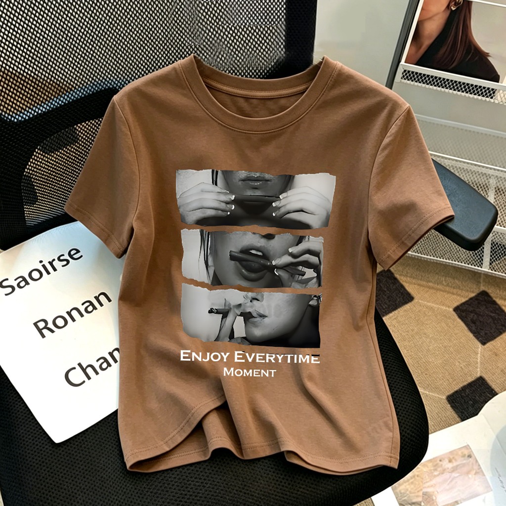 [COD]Kaos Pola Dilarang merokok. korea Cokelat | baju atasan wanita terbaru | Kaos Ramping | 5.26