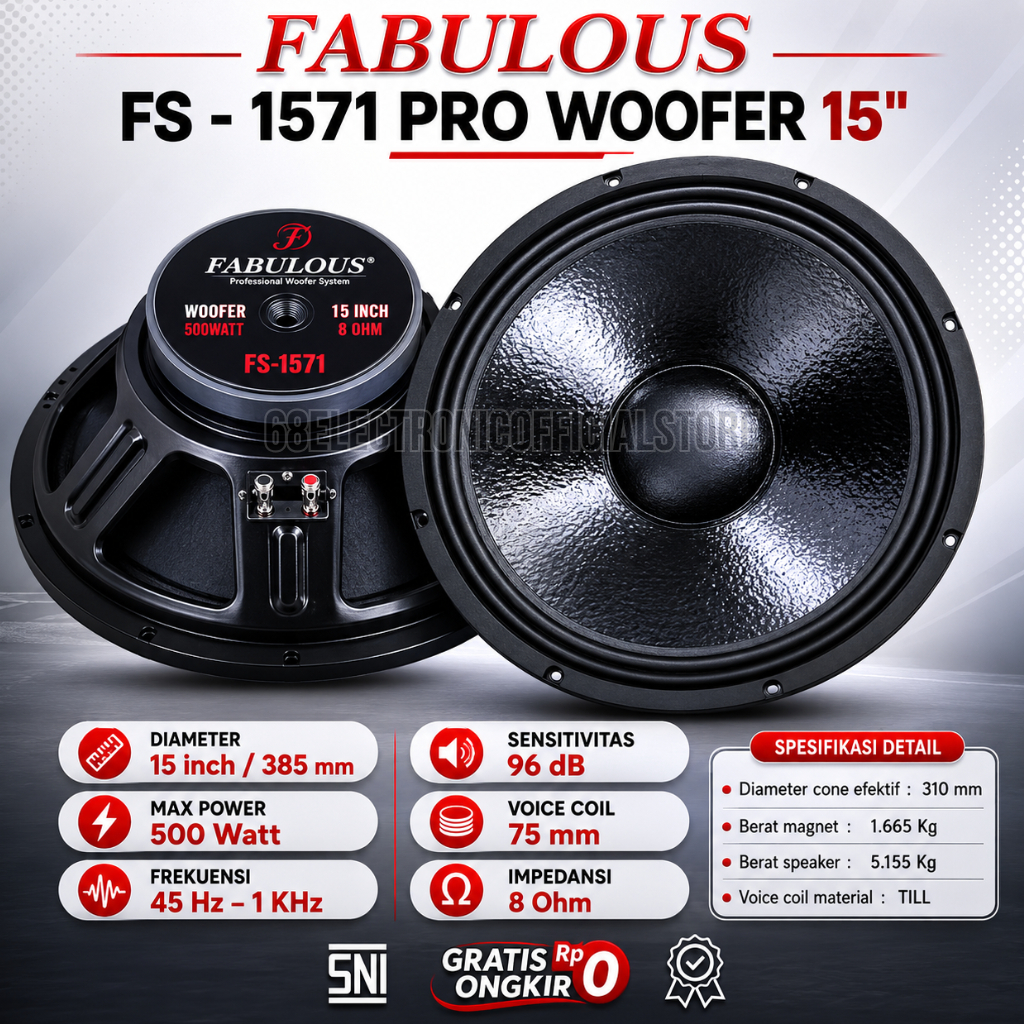 Woofer 15 Inch Fabulous FS-1571 PRO 500 Watt 8 Ohm Speaker Bass Sound System