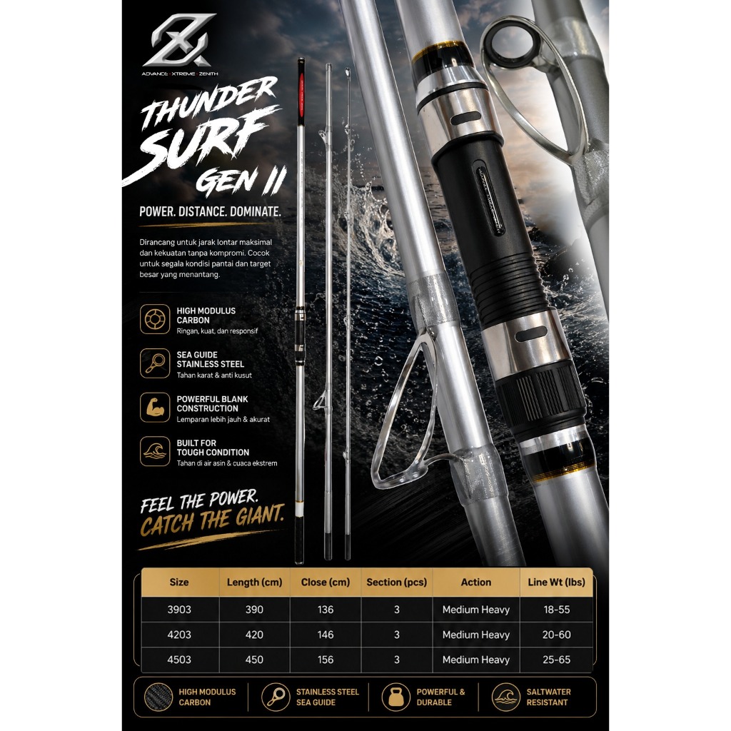 AXZ Surf Thunder Gen II Joran Surf Casting Pantai 3 Section Carbon Rod Medium Heavy Original