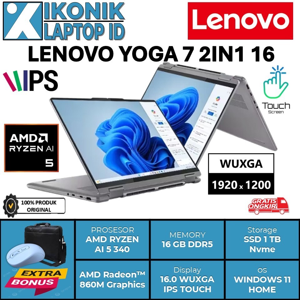 Laptop Lipat Lenovo YOGA 7 2IN1 16 AMD Ryzen AI 5 340 16.0 2.2k IPS Touchscreen win11 ori