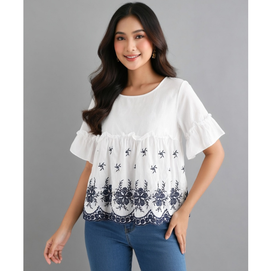 PROMO BORDIR PUTRI Baju Blouse Blus Atasan Putih Bordir Wanita Kekinian Korean Style