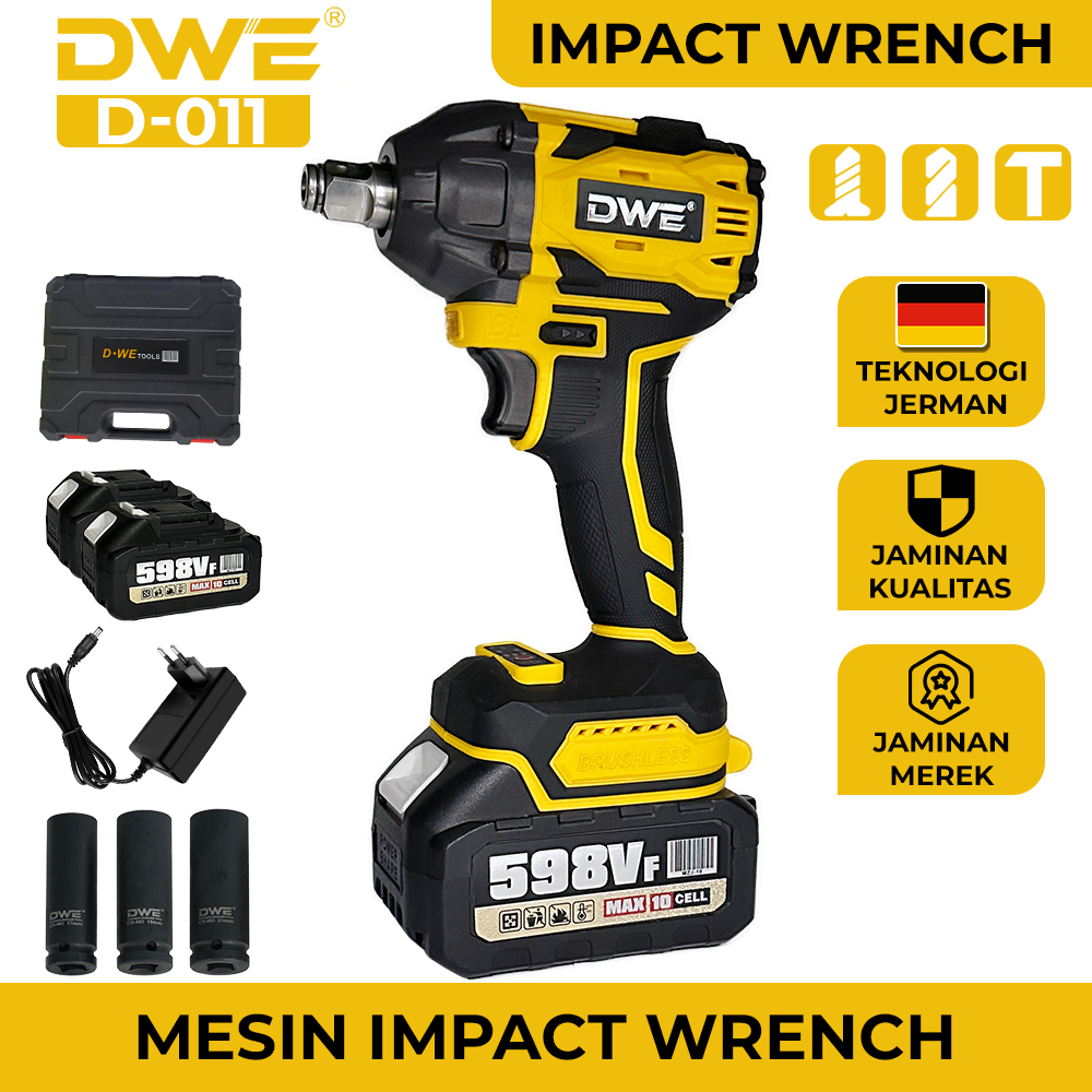 D•WE Impact Wrench 700NM Bor Impact Wrench Cordless Brushless Mesin bor 598VF Baterai 21000mah Wrenc