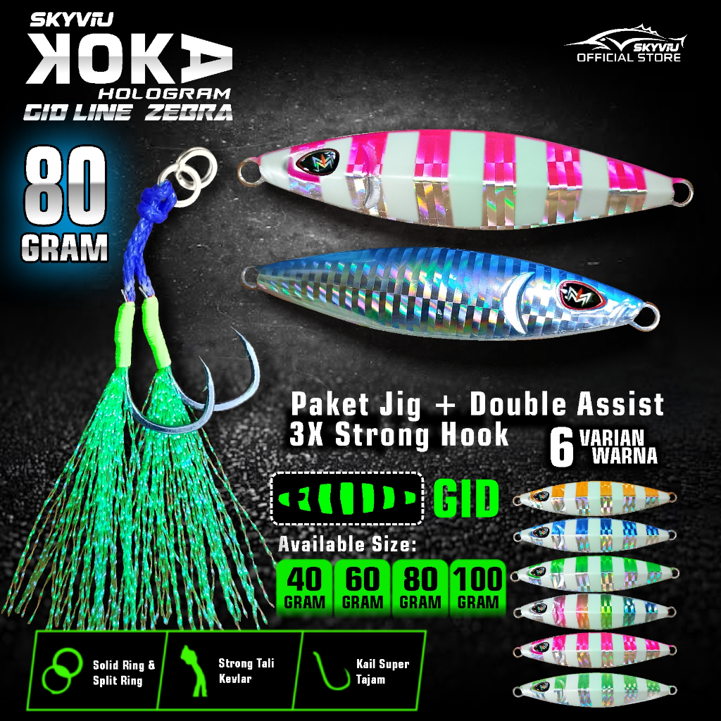 Metal Jig 80 Gram SKYVIU KOKA Hologram Garis GID  Zebra 1 Set Double Assist Hook 80gr Umpan Jigging 