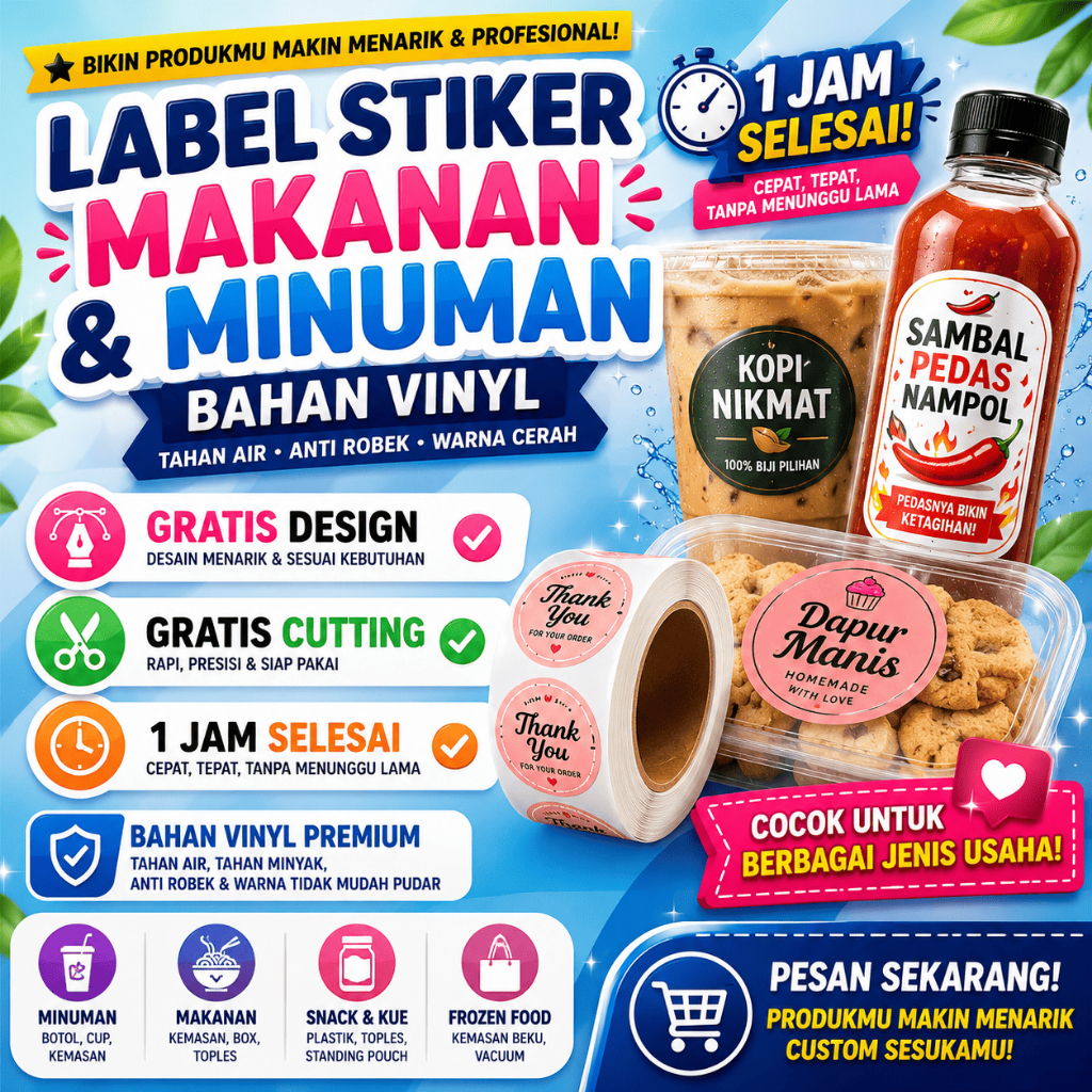 Cetak Stiker Label Makanan 1 Jam Selesai - FREE CUTTING - FREE DESIGN