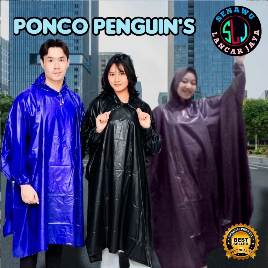 Jas Hujan Penguin's Original Pinguin Ponco Lengan Jumbo Kelelawar Mantel Pvc Dewasa Pria Wanita