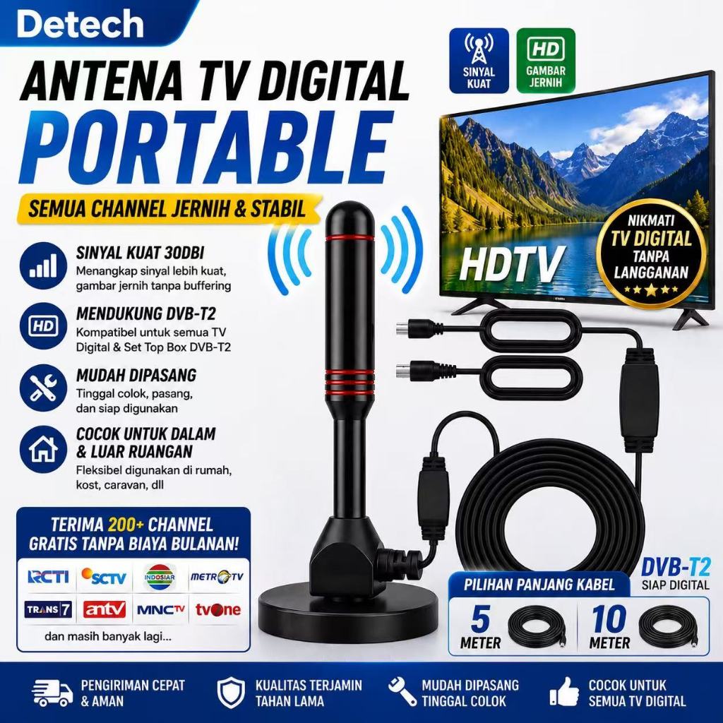 Antena TV Digital DVB-T2 Indoor 30DBI Kabel 10M | Sinyal Kuat HD Jernih untuk Set Top Box & Semua TV
