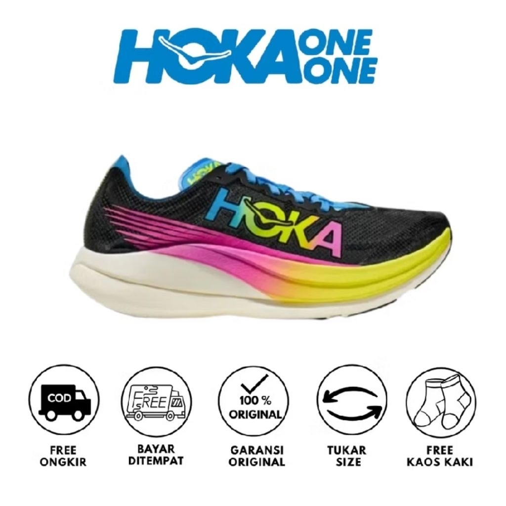 Sepatu Hoka Rocket X2 Black Multi Colour Original | Carbon Running Shoes Premium Ringan Responsif