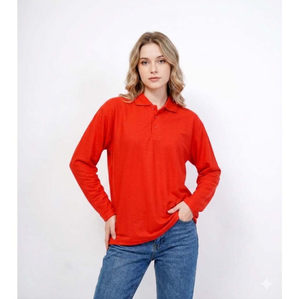 Kaos Kerah perempuan MERAH Lengan panjang / polo panjang wanita / polo hijaB / KAOS KERAH CEWEK LENG