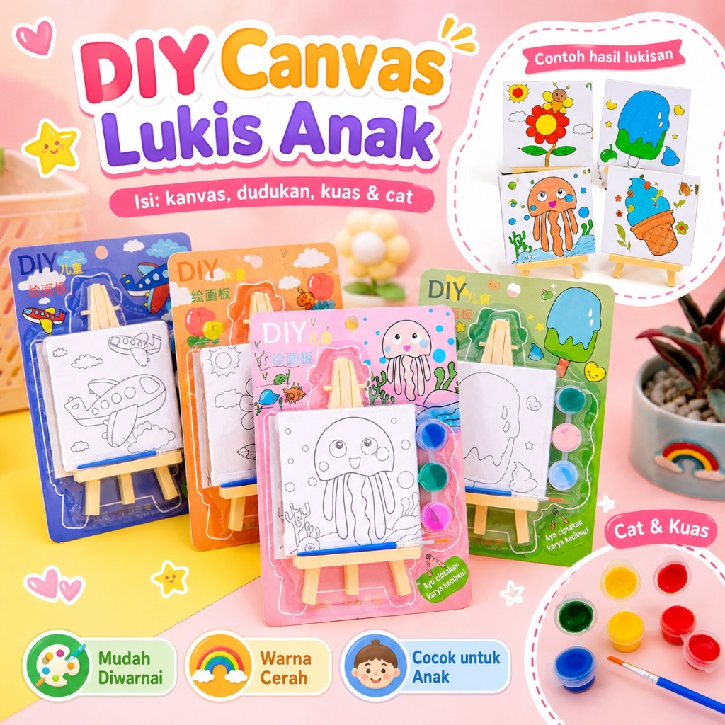 DIY Set Melukis Anak Kanvas Bergambar Cute Lengkap Cat Kuas Easel Mainan Edukasi