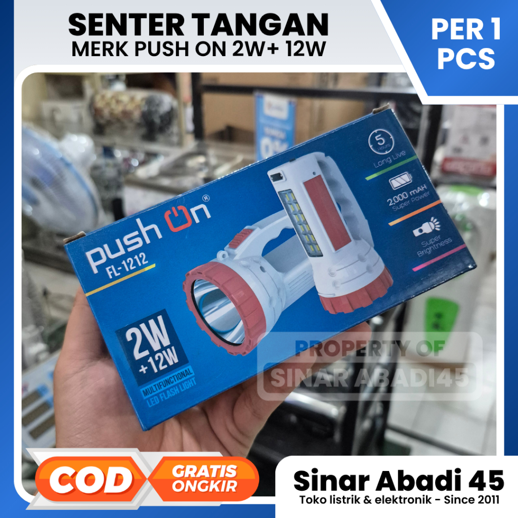 Senter LED Rechargeable Push On FL-1212 2W + 12W Super Terang – Senter Cas Multifungsi Lampu Emergen