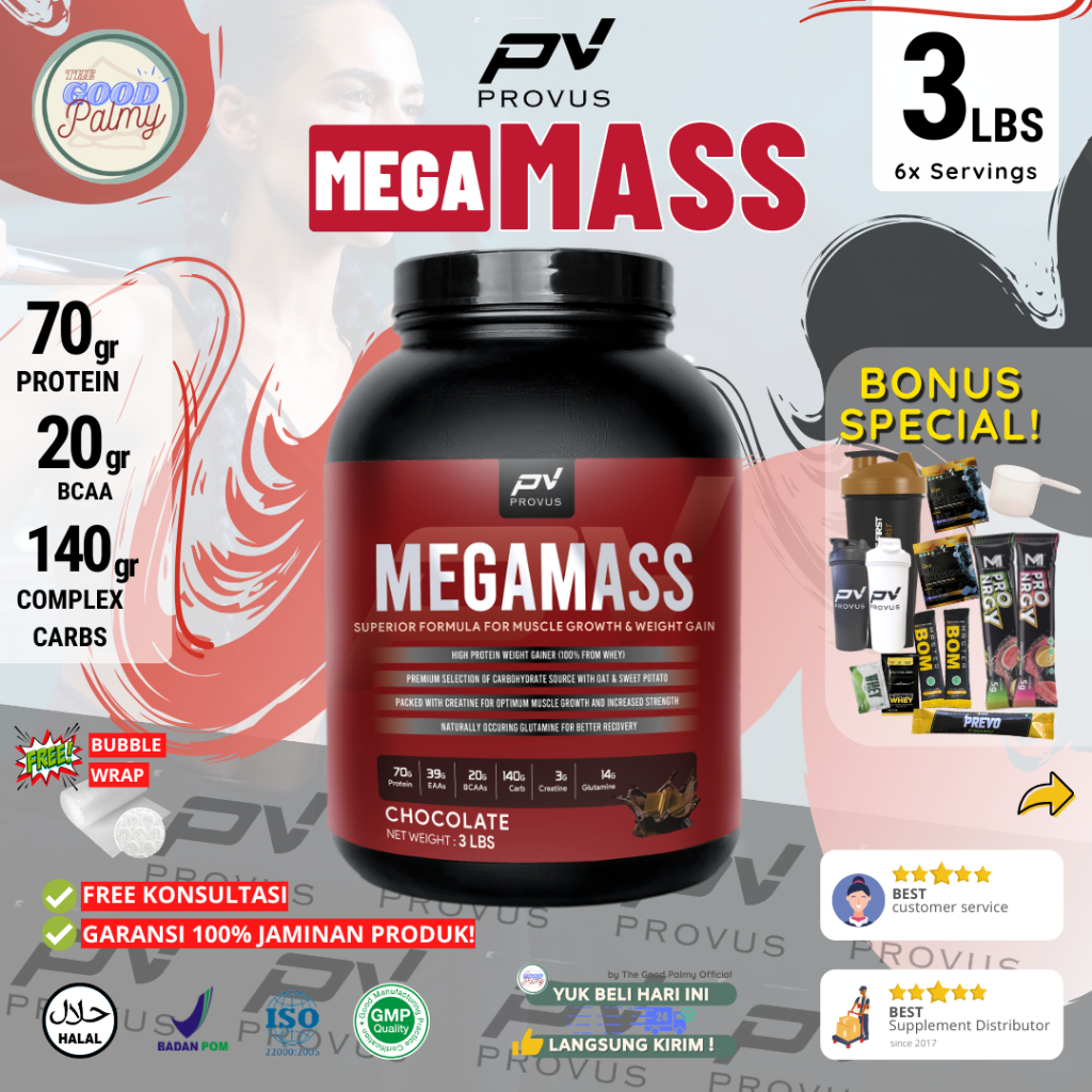 Provus Mega Mass Gainer 3 lbs 1.35 kg dan 2lbs MegaMass BPOM HALAL Susu Protein Bulking Suplemen
