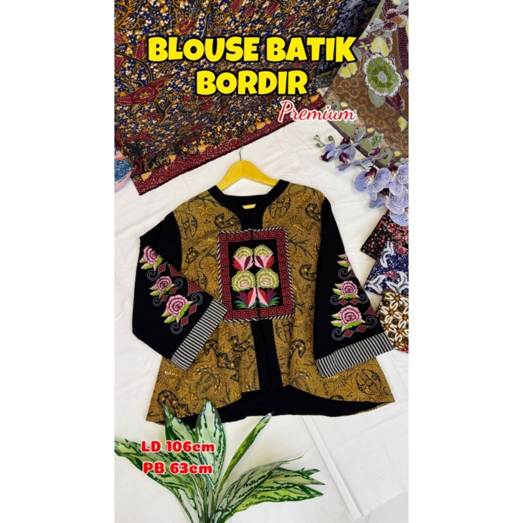 BAJU BATIK TULIS UNTUK WANITA MODEL BLOUSE SULAM BORDIR KOMBINASI TRICOT DAN FURING.
