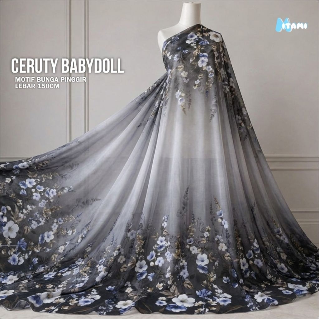 MITAMI Kain Ceruty Babydoll Motif Bunga Pinggir - Kain Sifon Motif Bunga Bahan Adem Dan Flowy Cocok 