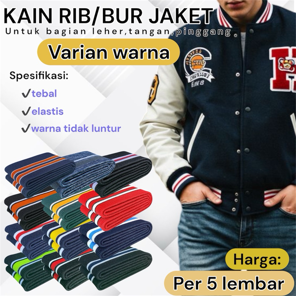 Kain Rib/Bur rajut 1x1 babat 2x2 Warna polos dan setrip rib Polyester Premium