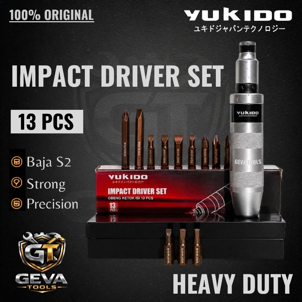 YUKIDO Impact Driver Set 13 PCS Obeng Ketok Baja S2 Heavy Duty peralatan bengkel motor mobil