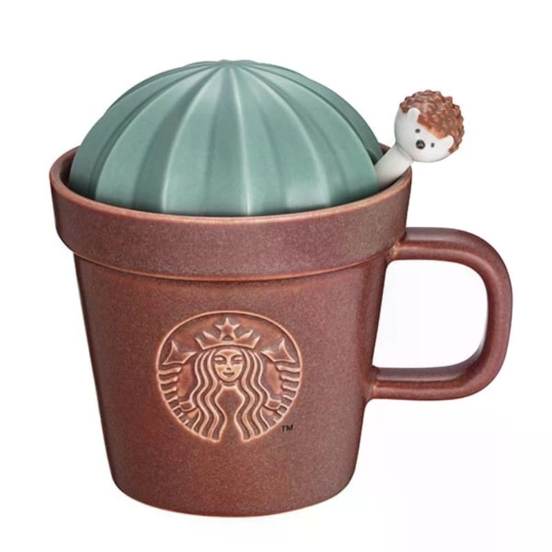 Mug Starbucks Plant Light Hedgehog Cup Spoon Set 10 OZ | Mug Keramik Set Sendok | Mug Cactus Set Spo
