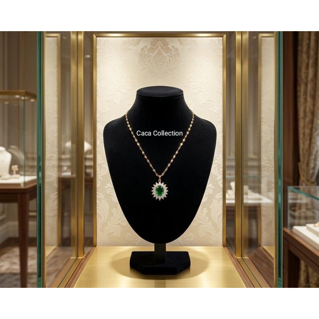 Kalung Titanium Wanita Liontin Batu Permata Hijau Anti Karat Premium | Green Gemstone Necklace Kalun