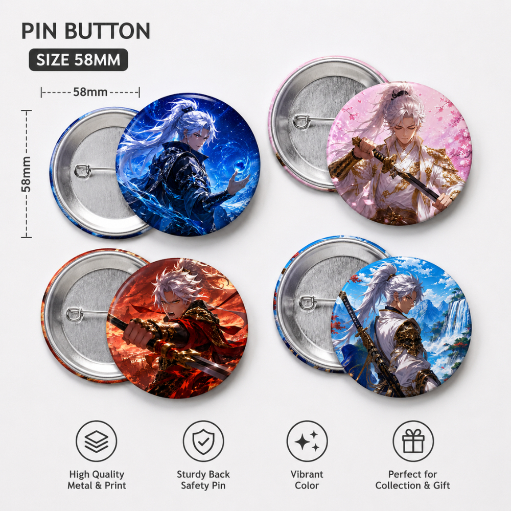 Pin Button Anime Samurai Set 4 PCS 58mm | Badge Pin Karakter Anime Warrior Aesthetic | Pin Bros Anim