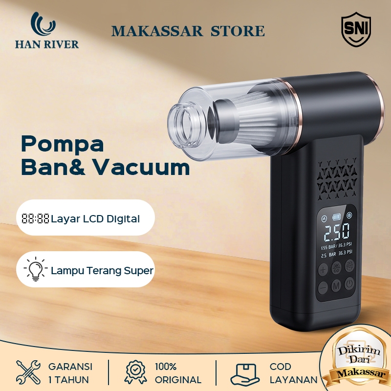 HAN RIVER Vacuum Cleaner Pompa Ban Mobil Wireless 7in1 Hisap Kuat LED untuk Mobil/Motor/Bola/Ban