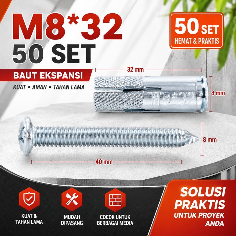 Anchor Bolt Dinding M8 50set Baut Fisher Ekspansi Sekrup Tanam Untuk Bracket Rak Rumah Pasang