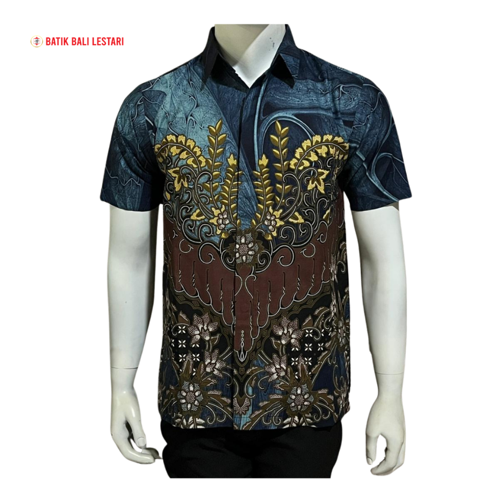 Batik Bali Lestari Kemeja Pria Digital Katun Biru ( DGL38 )