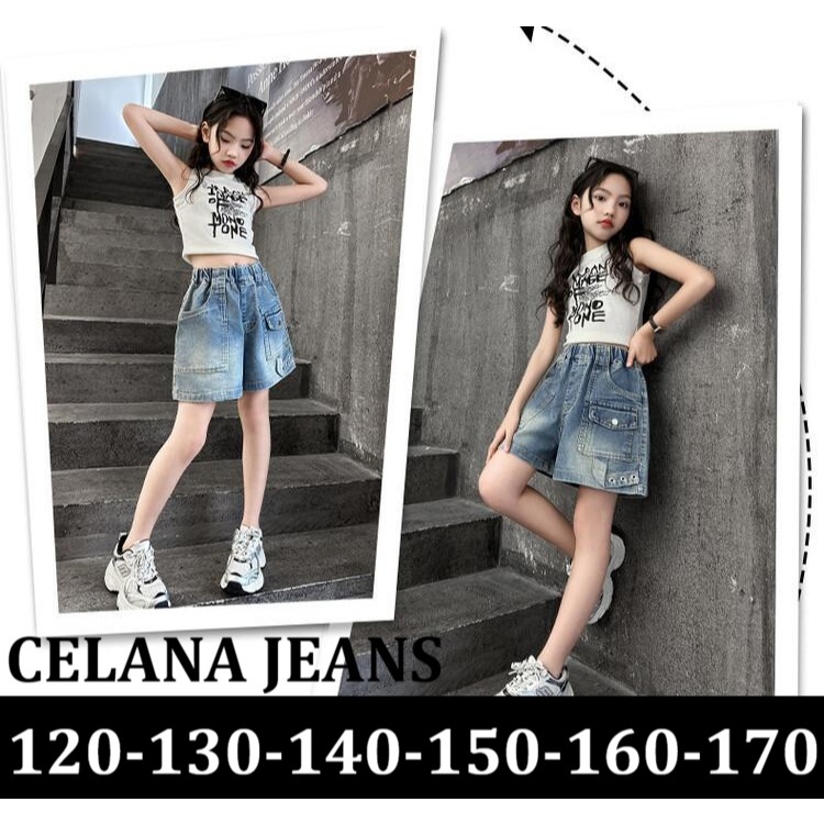 Celana pendek soft jeans anak perempuan remaja tanggung 5 saku original import denim biru dongker ji