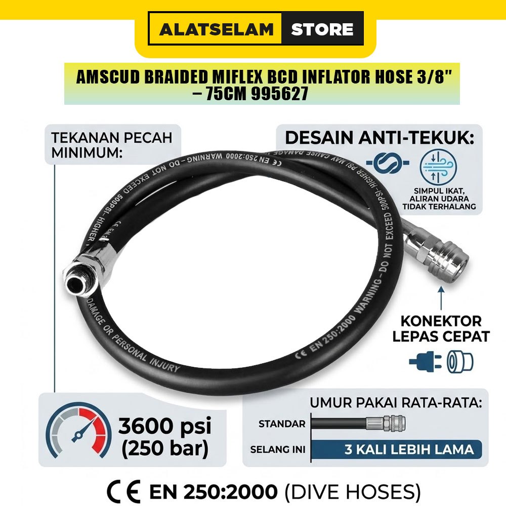 AmScuD Brainded Miflex BCD Inflator Hose 3/8inch – 75cm 995627 / Peralatan Scuba / Aksesoris BCD Sel