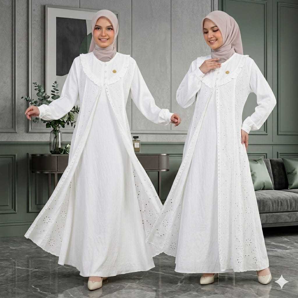 GAMIS Naura putih tulang Dress Gamis Polo Linen Premium Kombinasi Brukat Mewah dan Elegan