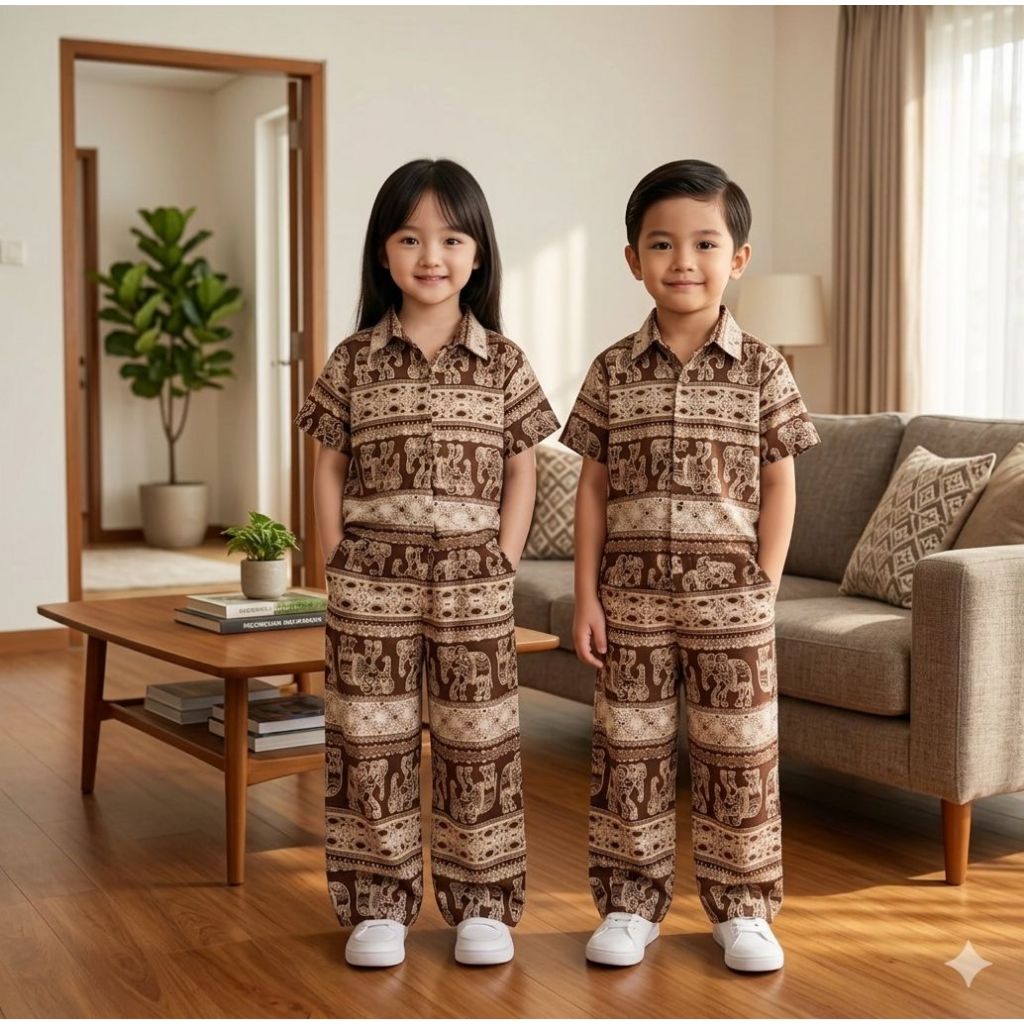 Setelan Anak Motif Gajah Thailand / One set Baju Kemeja Unisex Anak Motif Gajah Rayon Premium / Sete