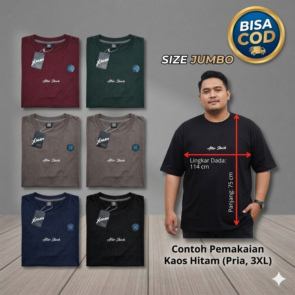 Kaos Jumbo Big Size Cotton PE Premium Baju Oversize 3XL XXXL Pria dan Wanita