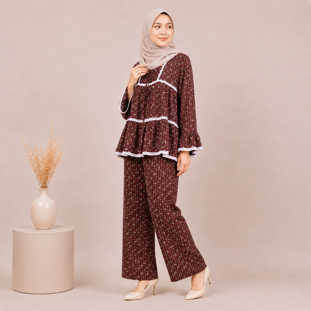 ADDISHA Set Rayon Setelan Baju Muslim Kekinian Piyama Baju Tidur - Kaelyn Choco Daisy