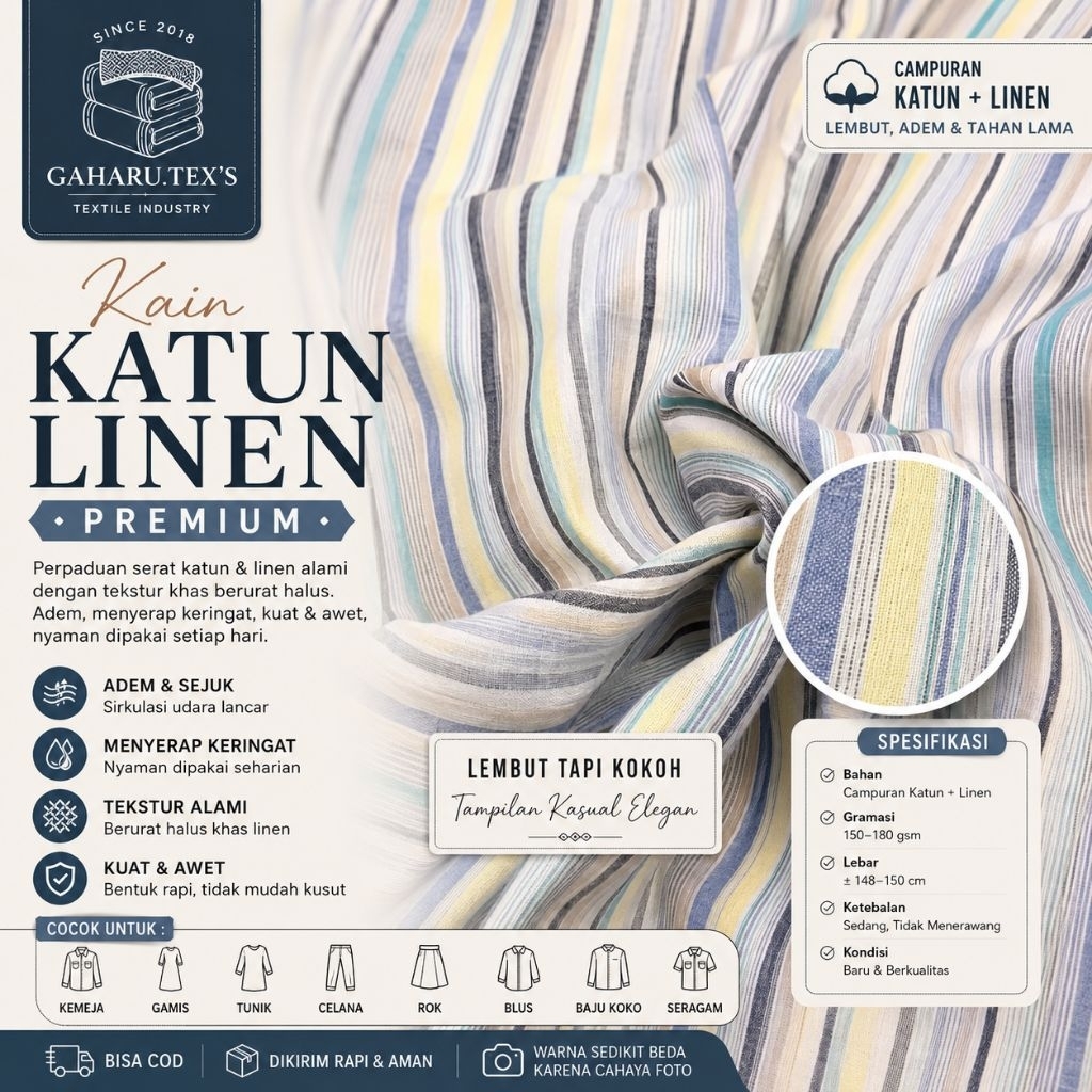 bahan katun linen premium - linen motif salur - katun linen meteran
