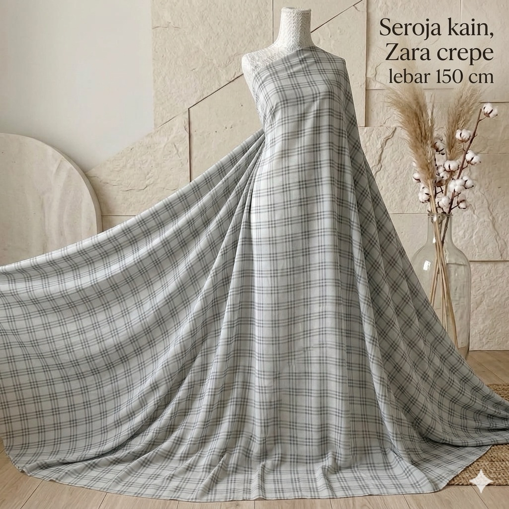 Kain Zara Crepe Motif Kotak - Lebar Kain 150cm Aj