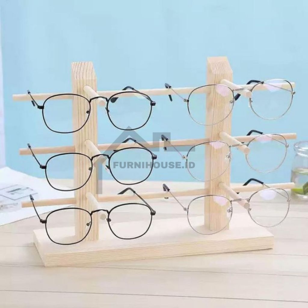 rak kacamata display kayu jati Belanda aesthetic,rak kacamata susun 3 minimalis