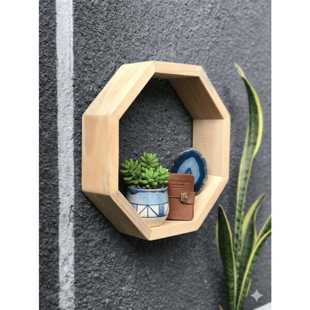 Hiasan Dinding Kayu Natural Segi 8 / Rak Dinding Kayu Segi 8 Natural