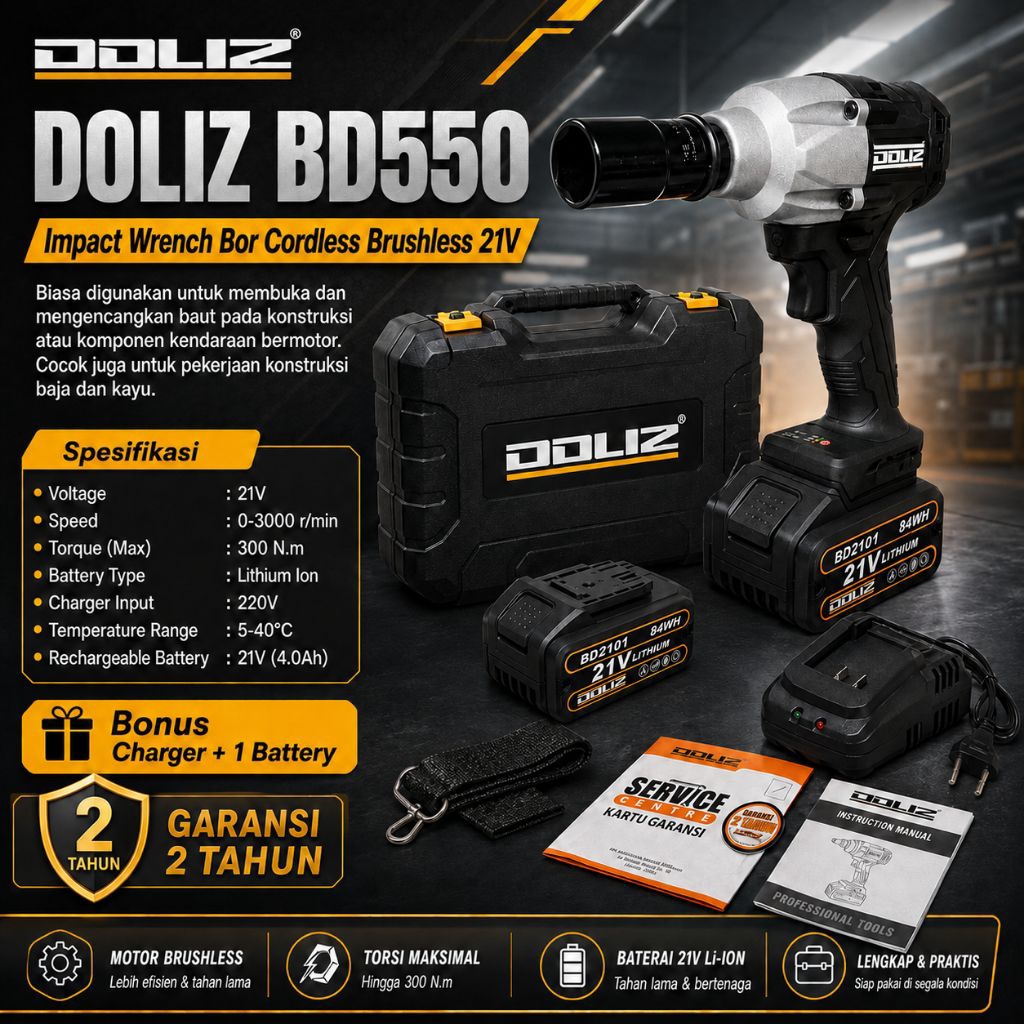 DOLIZ BD550 ALAT BUKA BAUT BATERAI 21V CORDLESS IMPACT WRENCH BD 550