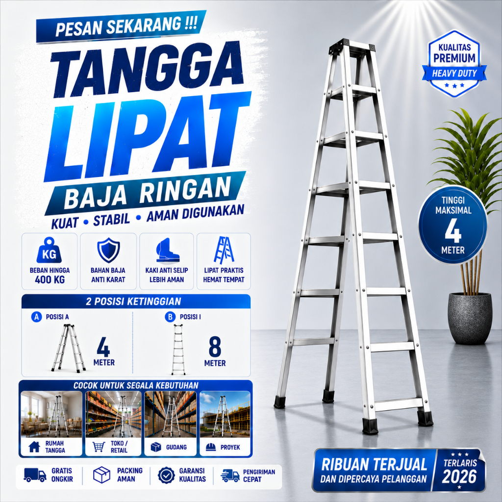 TANGGA LIPAT BAJA RINGAN 4 METER - TAHAN BEBAN 400KG, ENGSEL JUMBO, KARET ANTI SLIP, TIDAK TAJAM