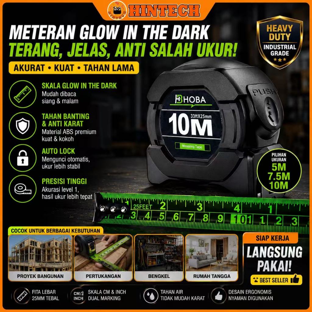 Meteran Glow in The Dark 10M Anti Karat Tebal Kuat untuk Tukang & Bangunan