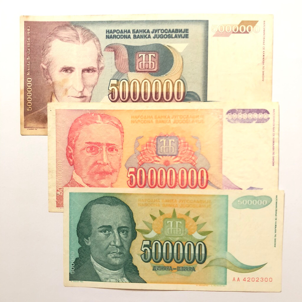 Uang Kertas Kuno Luar Negeri Yugoslavia  500000 - 50000000 Dinara Tahun 1993 Kondisi Bagus Gress Aun