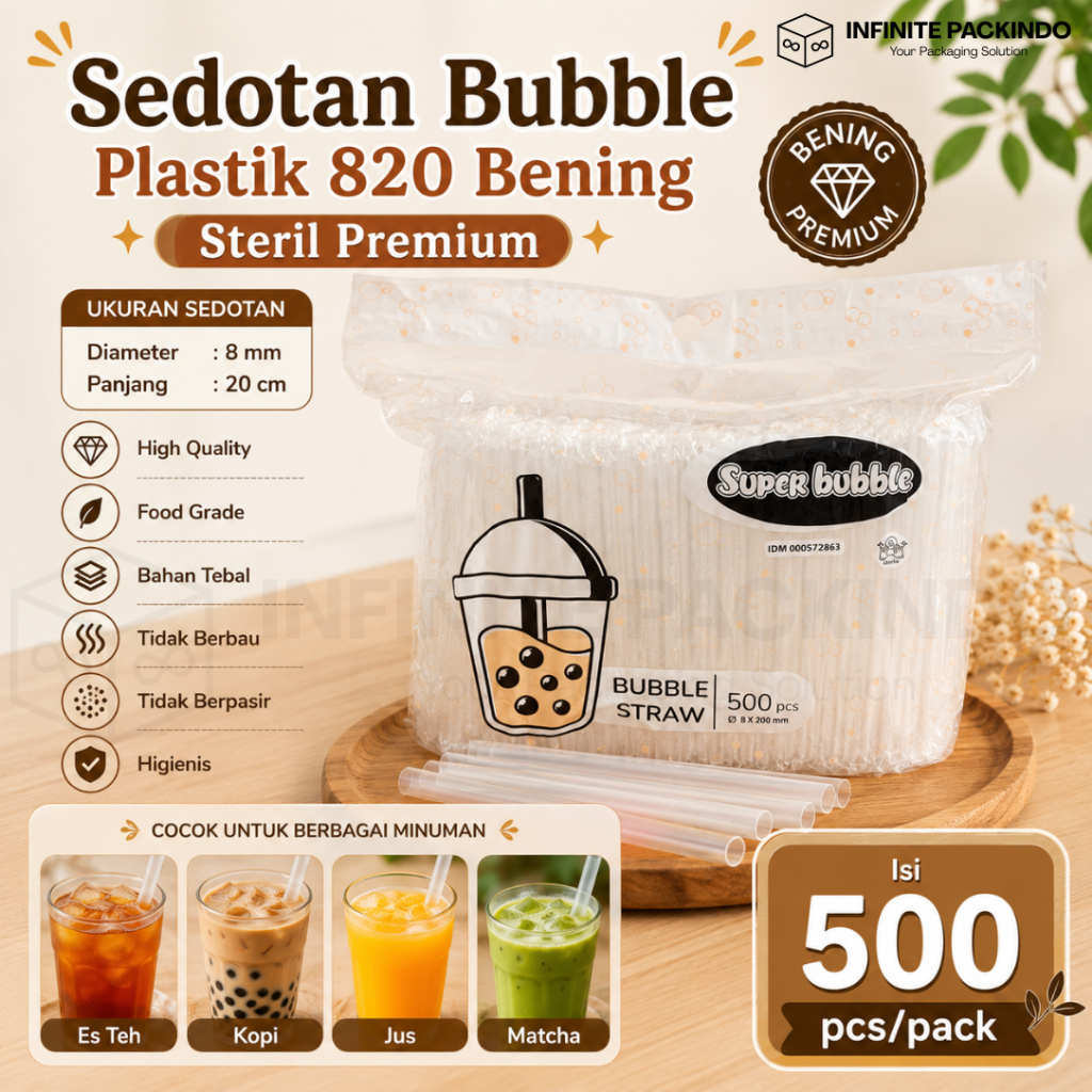 (ISI 500 PCS) Sedotan Bubble Bening 820 Steril Premium / Sedotan 8mm x 20cm Steril Higienis Bungkus 