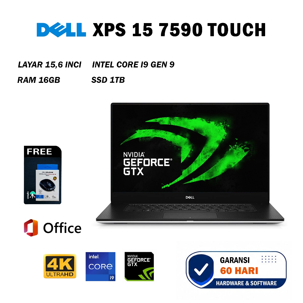 DELL XPS 15 7590 Intel Core i9 Gen 9 Layar 15 Inci 4K Touchscreen RAM 16GB SSD 1TB
