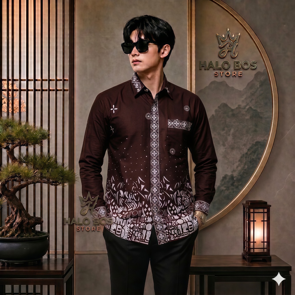 Kemeja Batik Pria Modern Mahogany Kemeja Batik Pria Lengan Panjang Katun Polymicro